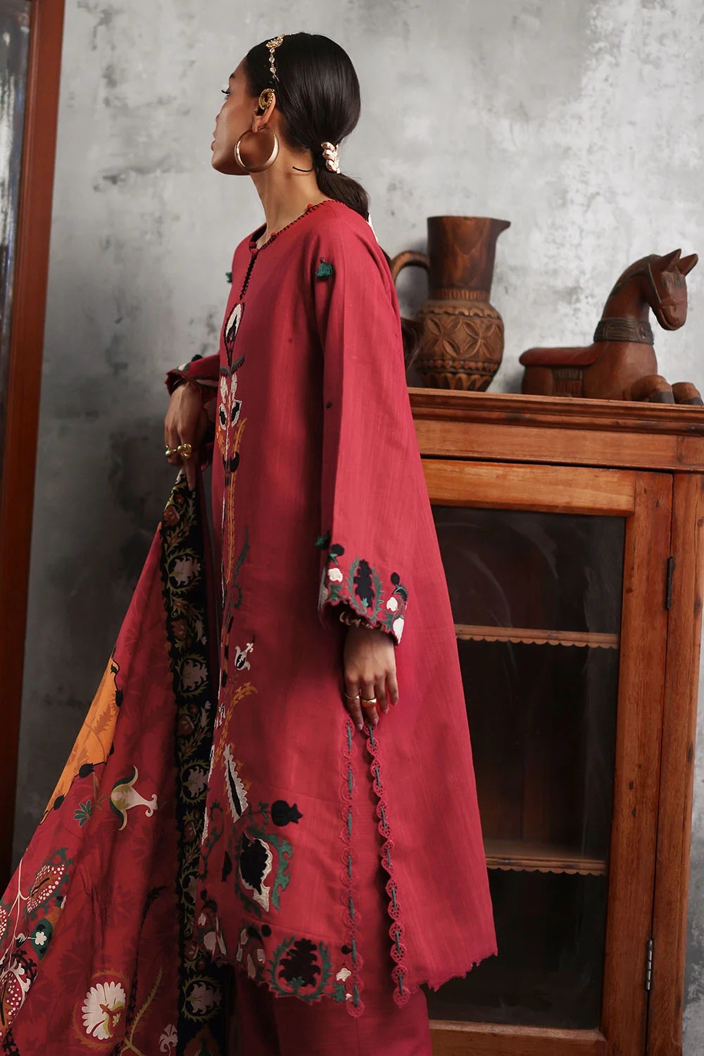 Gul Ahmed 3 Piece Embroidered Khaddar Suit With Printed Khaddar Dupatta