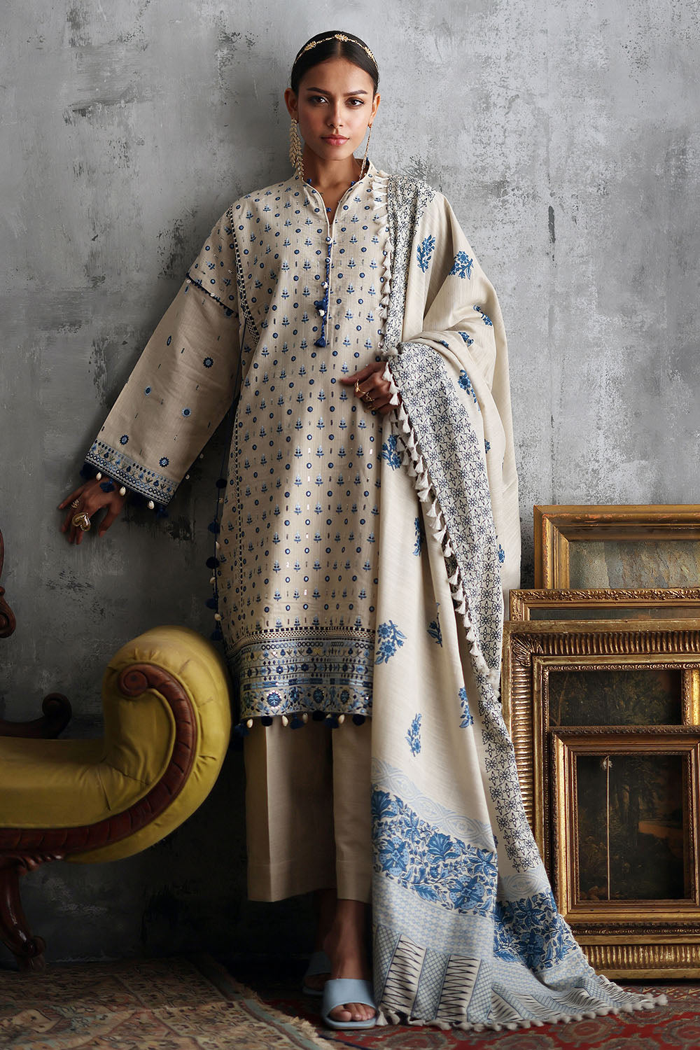 Gul Ahmed 3 Piece Embroidered Khaddar Suit With Printed Khaddar Dupatta