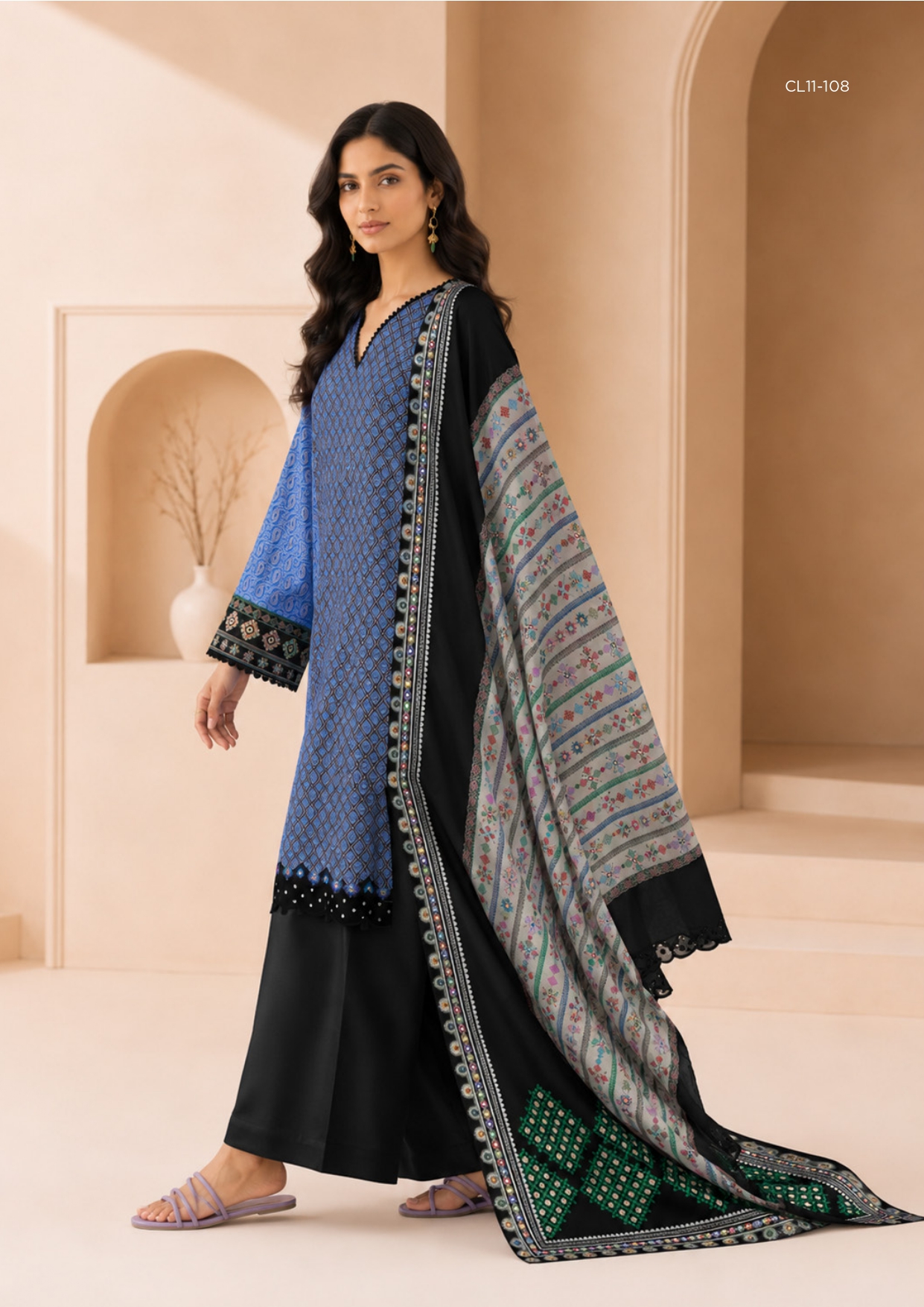 Sapphire 3 Piece Digital Printed Embroidered Linen Suit